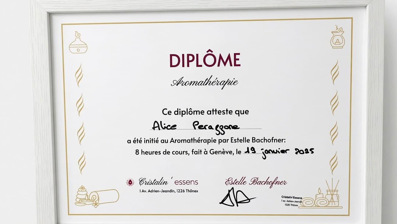 Diplôme d'aromathérapie d'Alice, délivré par Cristalin'Essens