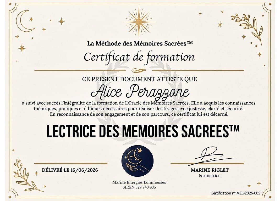 Certificat de formation aux Mémoires Sacrées d'Alice, par Marine Riglet