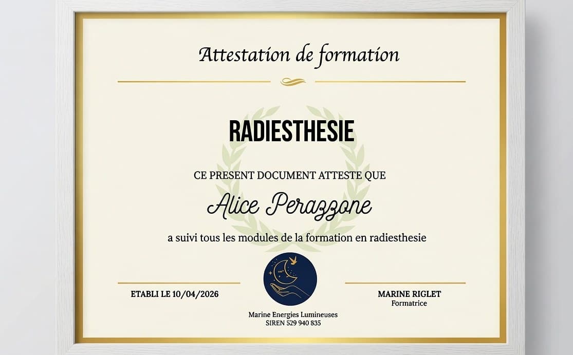 Attestation de formation en radiesthésie d'Alice, par Marine Riglet