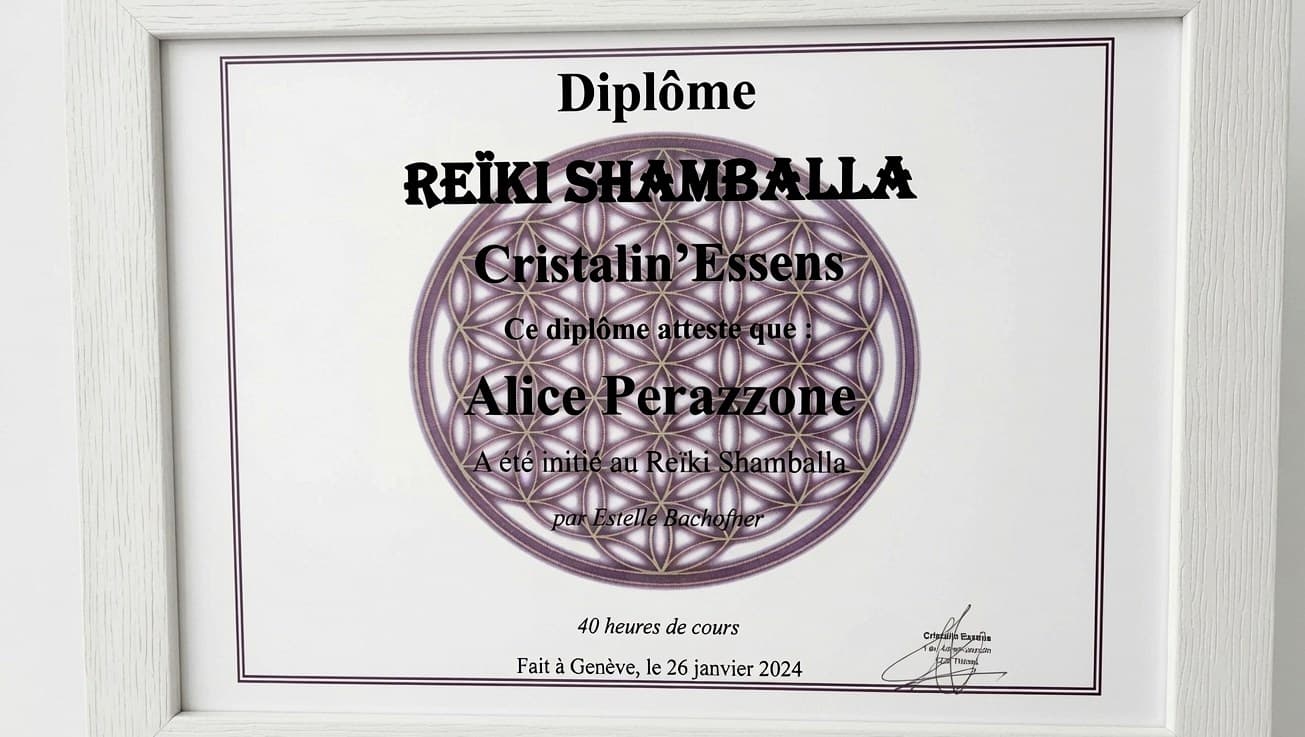 Diplôme de Reiki Shamballa d'Alice, délivré par Cristalin'Essens