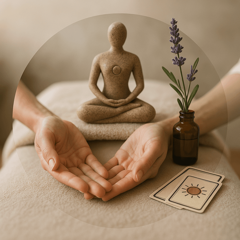 Mains ouvertes tenant une fiole, une fleur et une carte oracle, symboles du soin énergétique